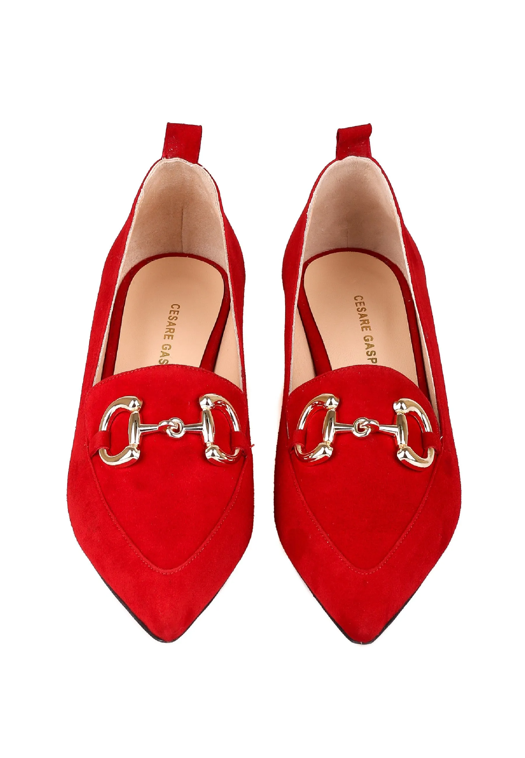 Suede Block Heel Loafers with Gold Chain Detail - Red