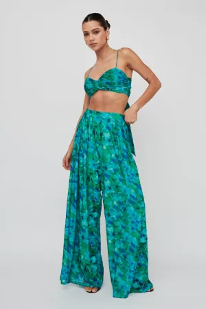 Tammi Wide Leg Satin Pants Floral Green