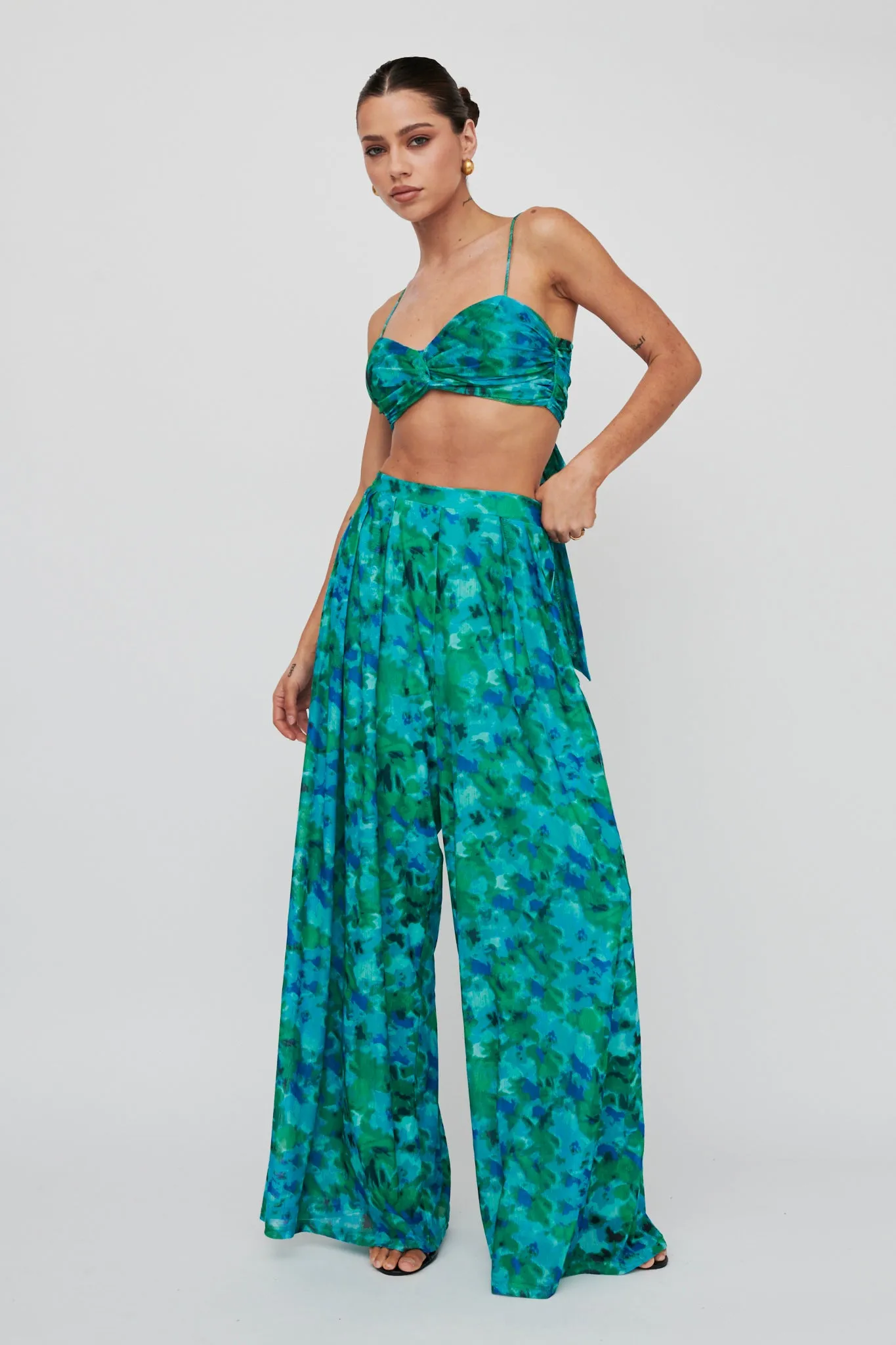 Tammi Wide Leg Satin Pants Floral Green