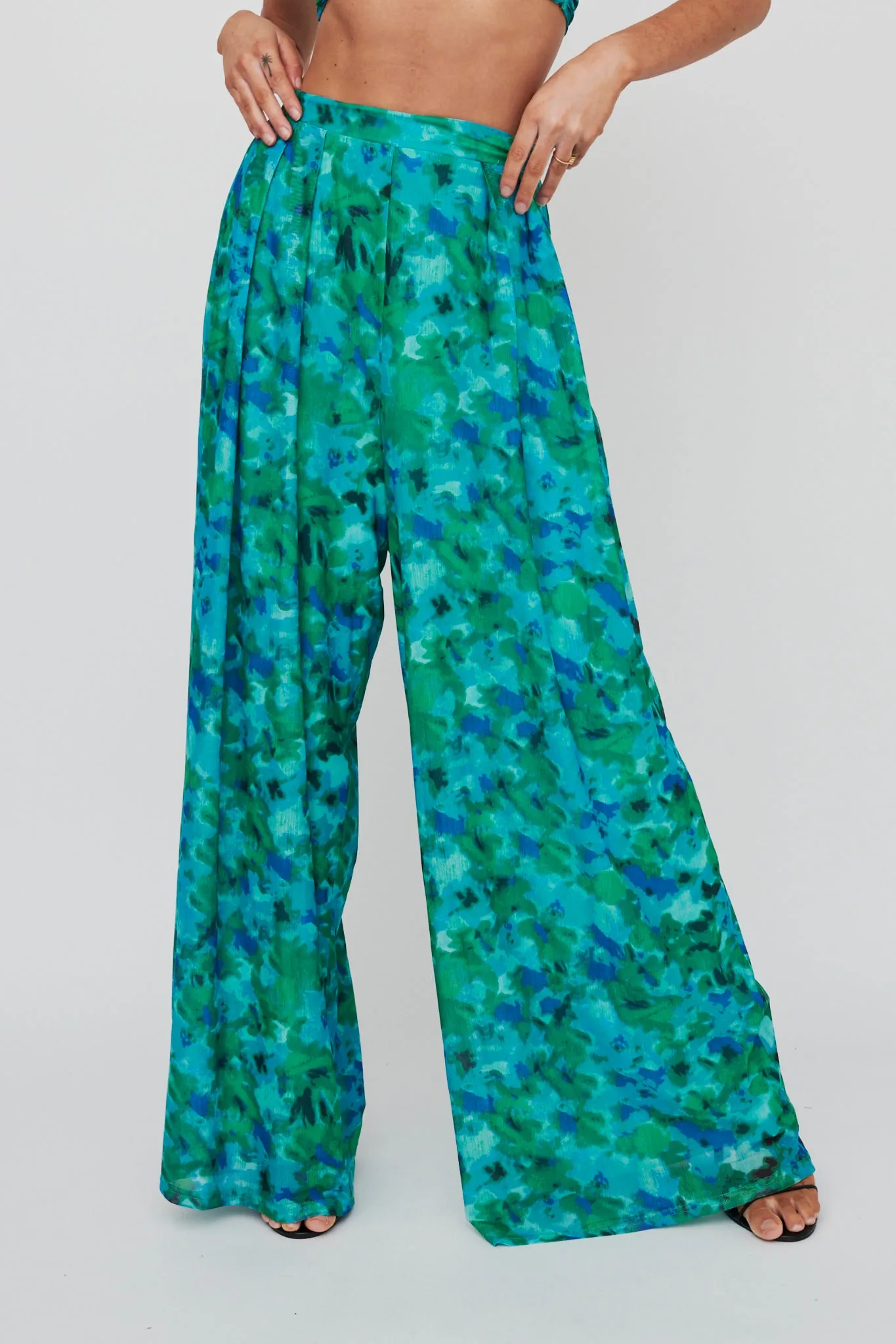 Tammi Wide Leg Satin Pants Floral Green