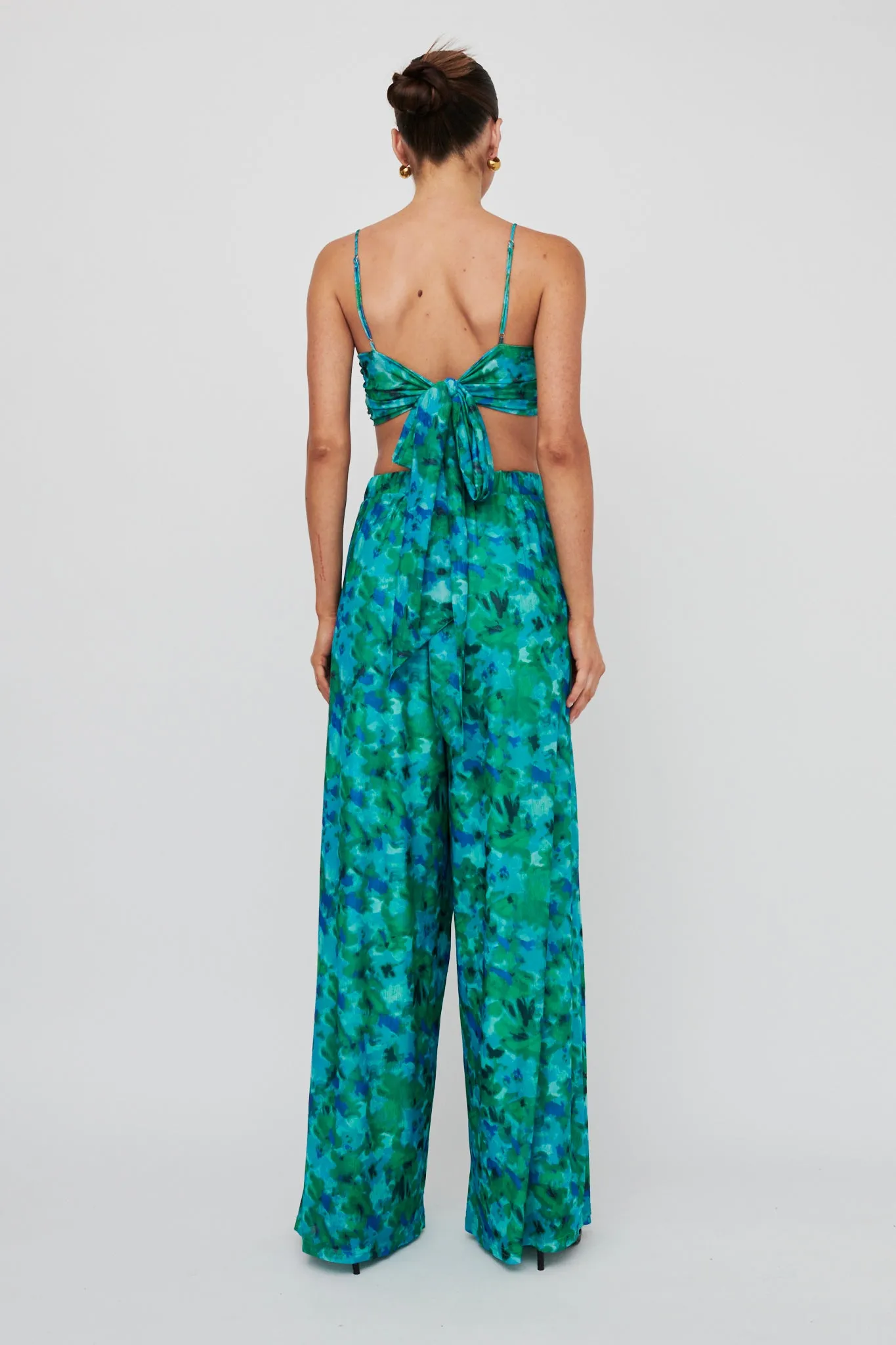 Tammi Wide Leg Satin Pants Floral Green