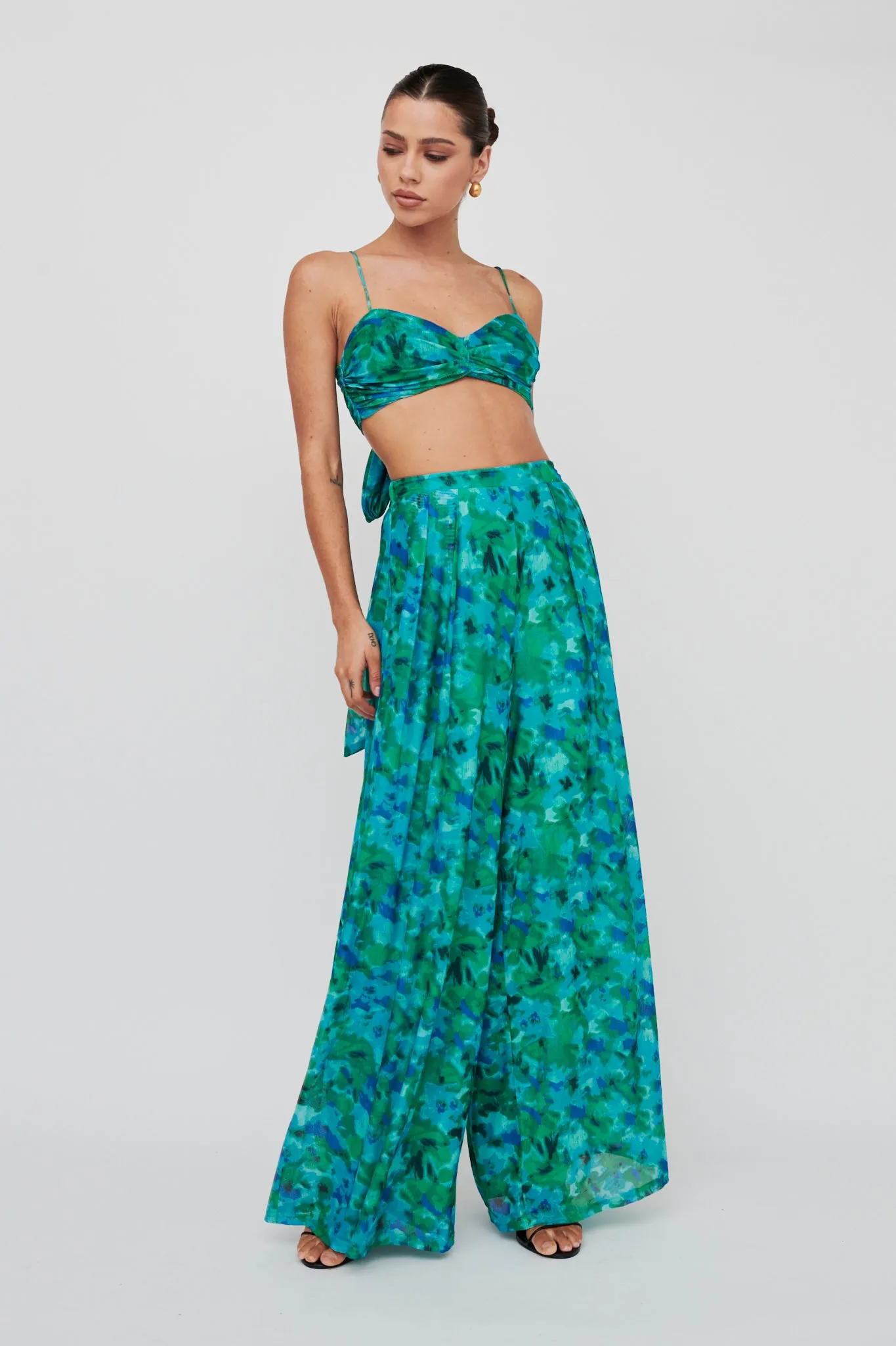 Tammi Wide Leg Satin Pants Floral Green