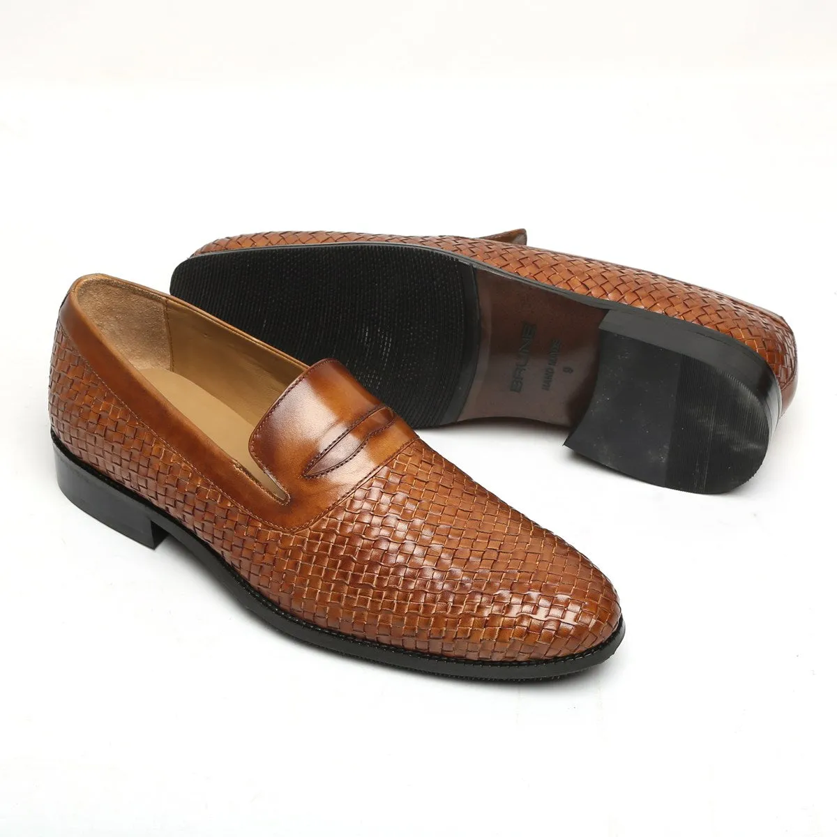 Tan Weaved Leather Loafers