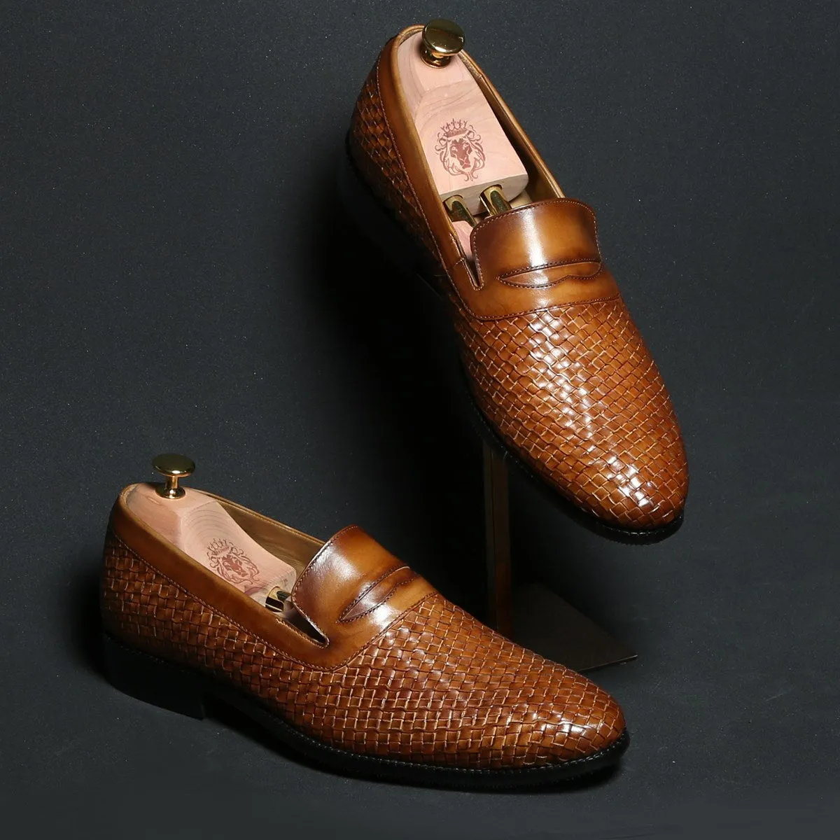 Tan Weaved Leather Loafers