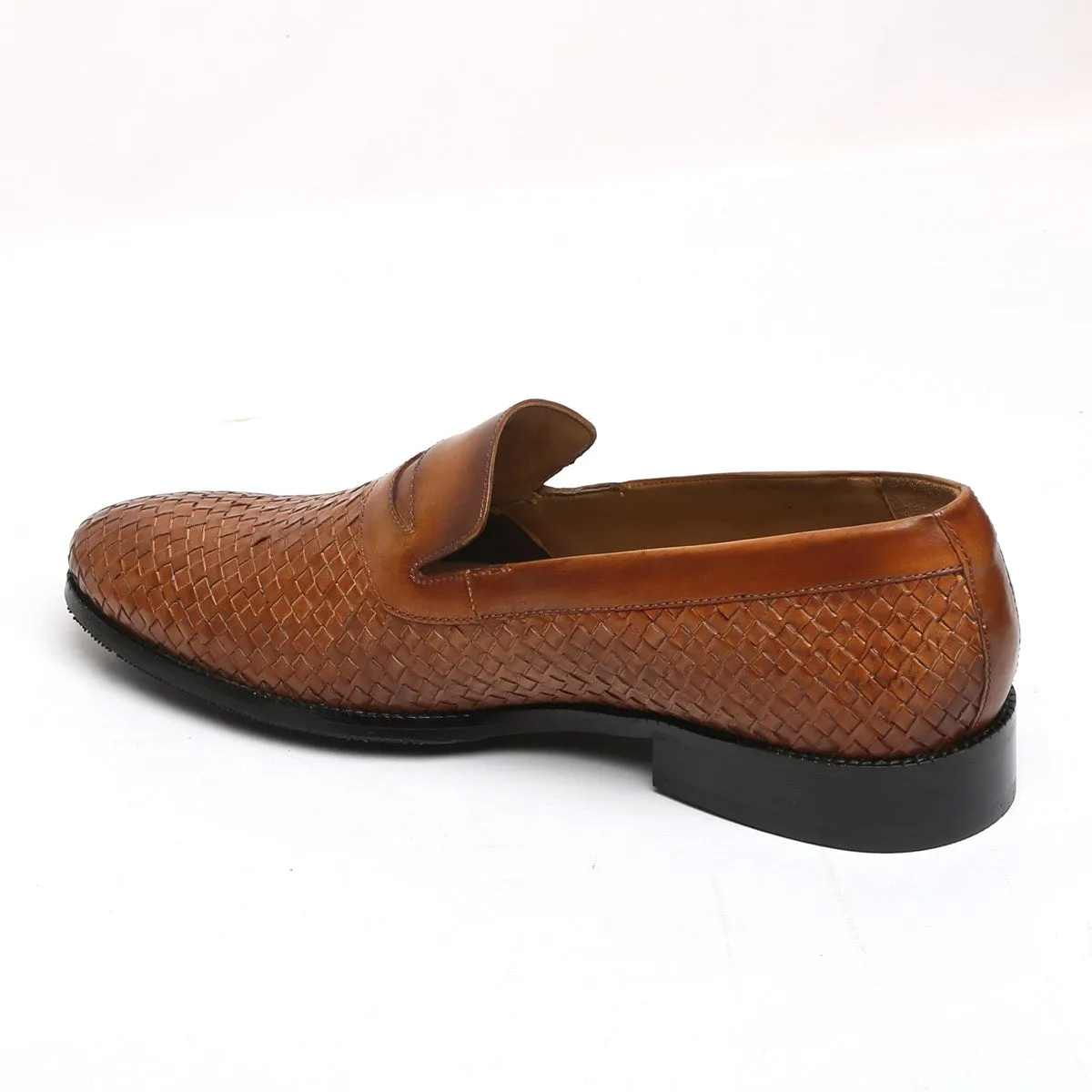 Tan Weaved Leather Loafers