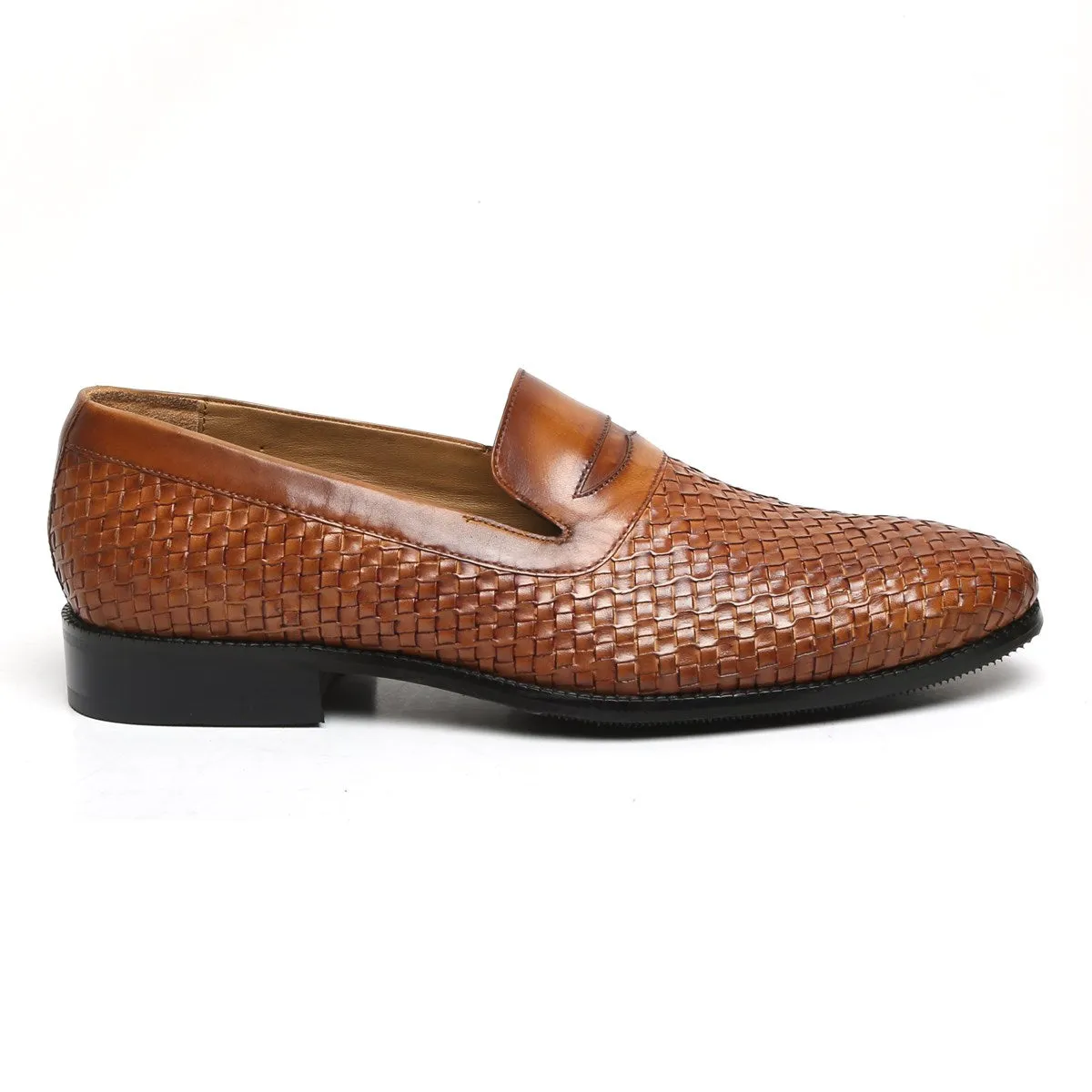 Tan Weaved Leather Loafers