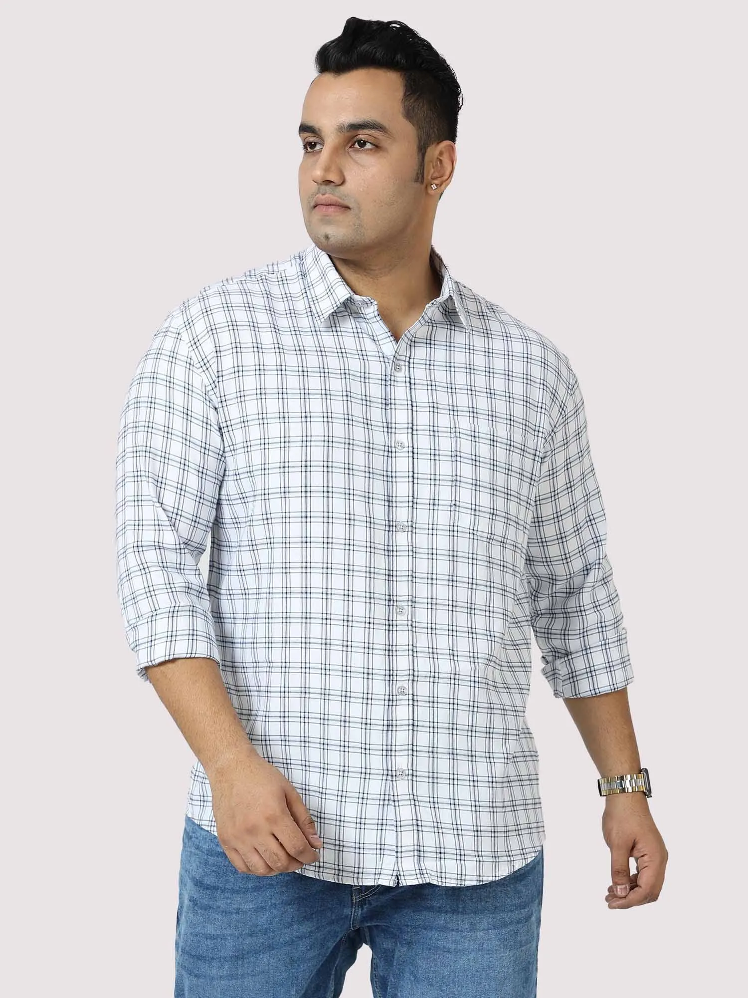 White on Black Checkered Cotton Shirt Men's Plus Size