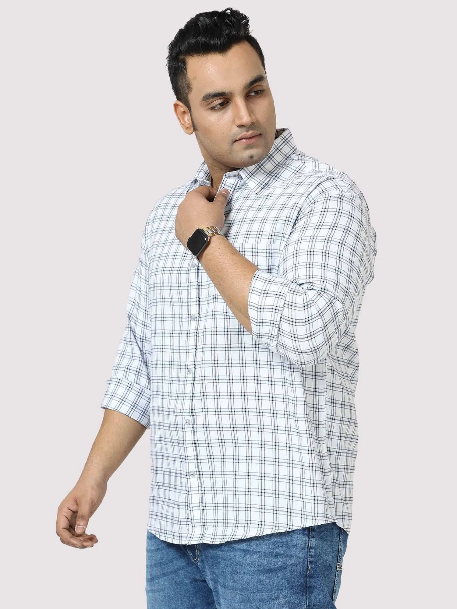 White on Black Checkered Cotton Shirt Men's Plus Size