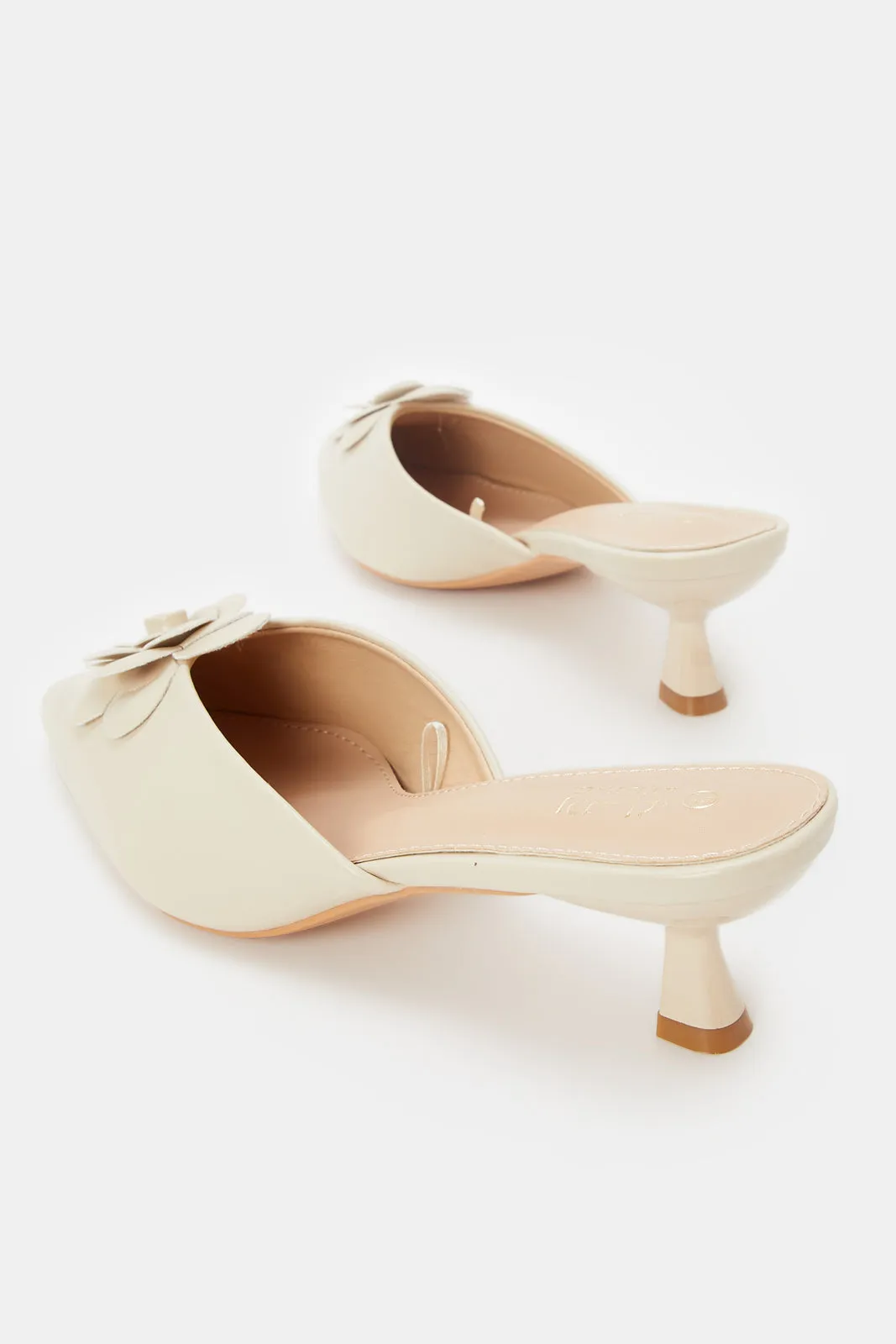 Women Beige Mule With Flower Trim