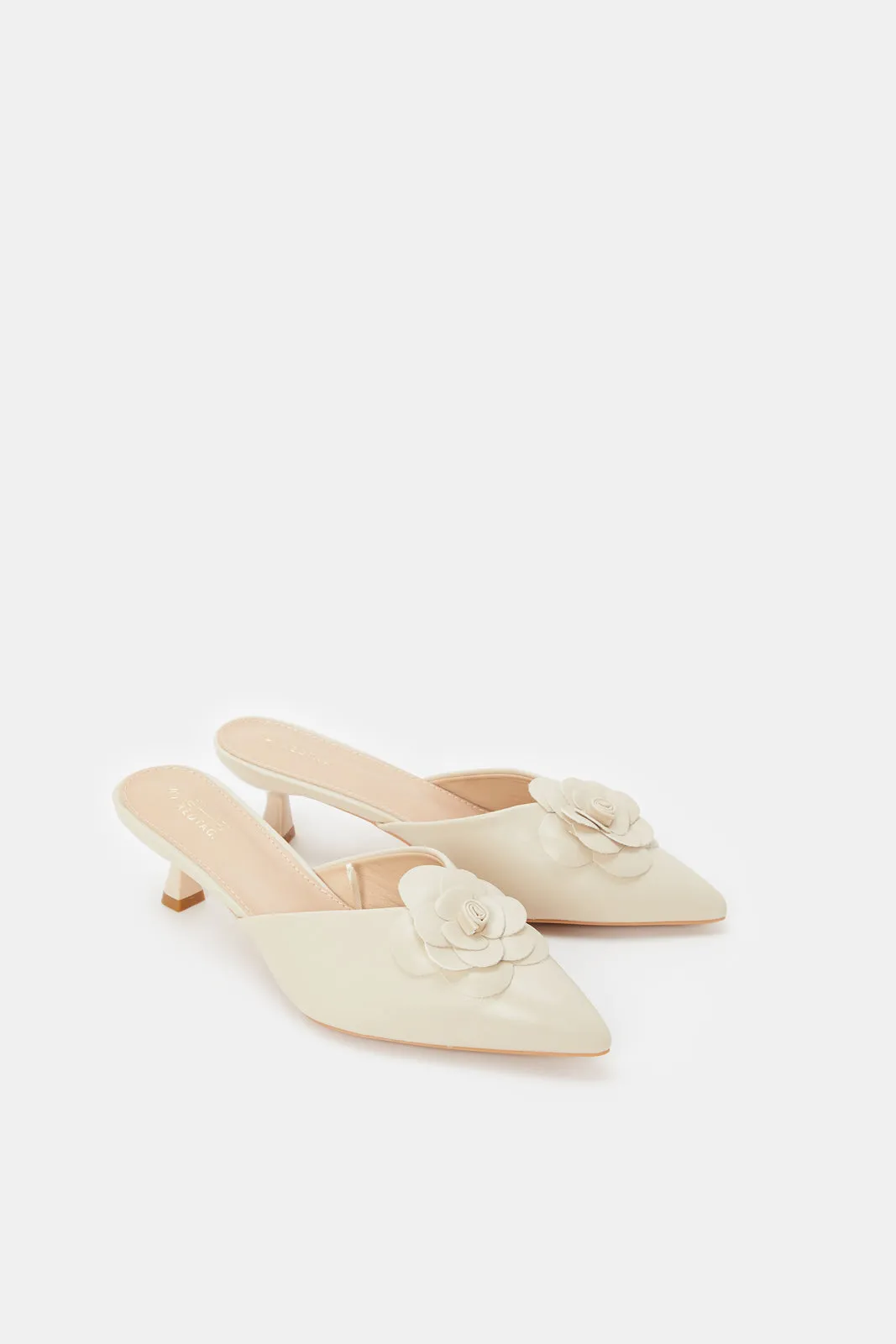 Women Beige Mule With Flower Trim