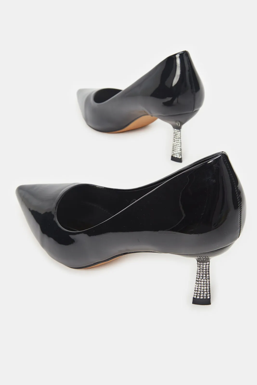 Women Black Court Shoe With Diamante Trim