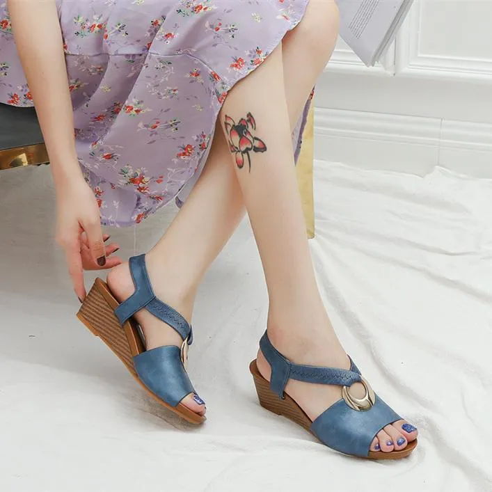 Women peep toe ankle strap slip on wedge sandals