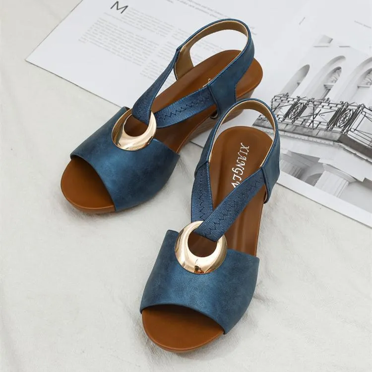 Women peep toe ankle strap slip on wedge sandals