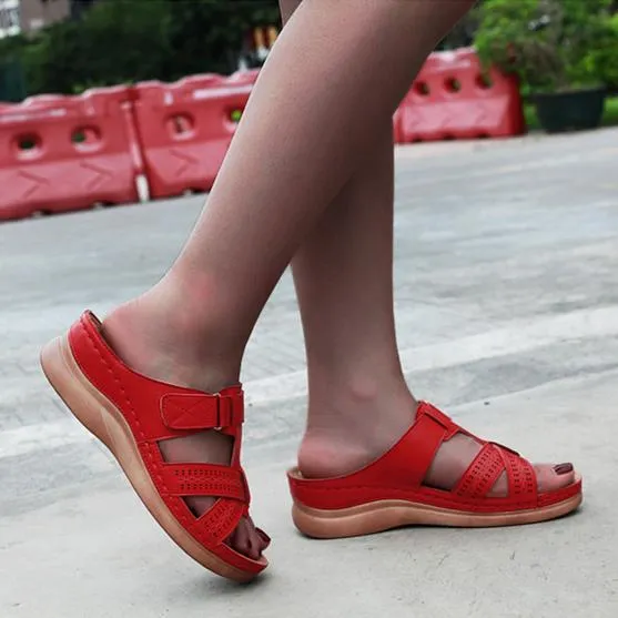 Women summer peep toe platform wedge slides arch support velcro slides