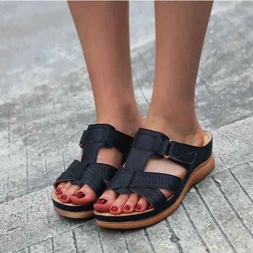 Women summer peep toe platform wedge slides arch support velcro slides