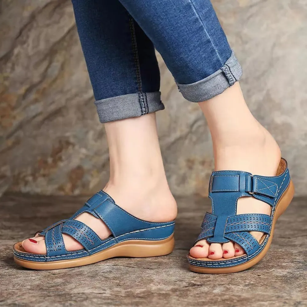 Women summer peep toe platform wedge slides arch support velcro slides