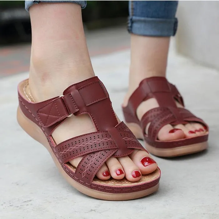 Women summer peep toe platform wedge slides arch support velcro slides