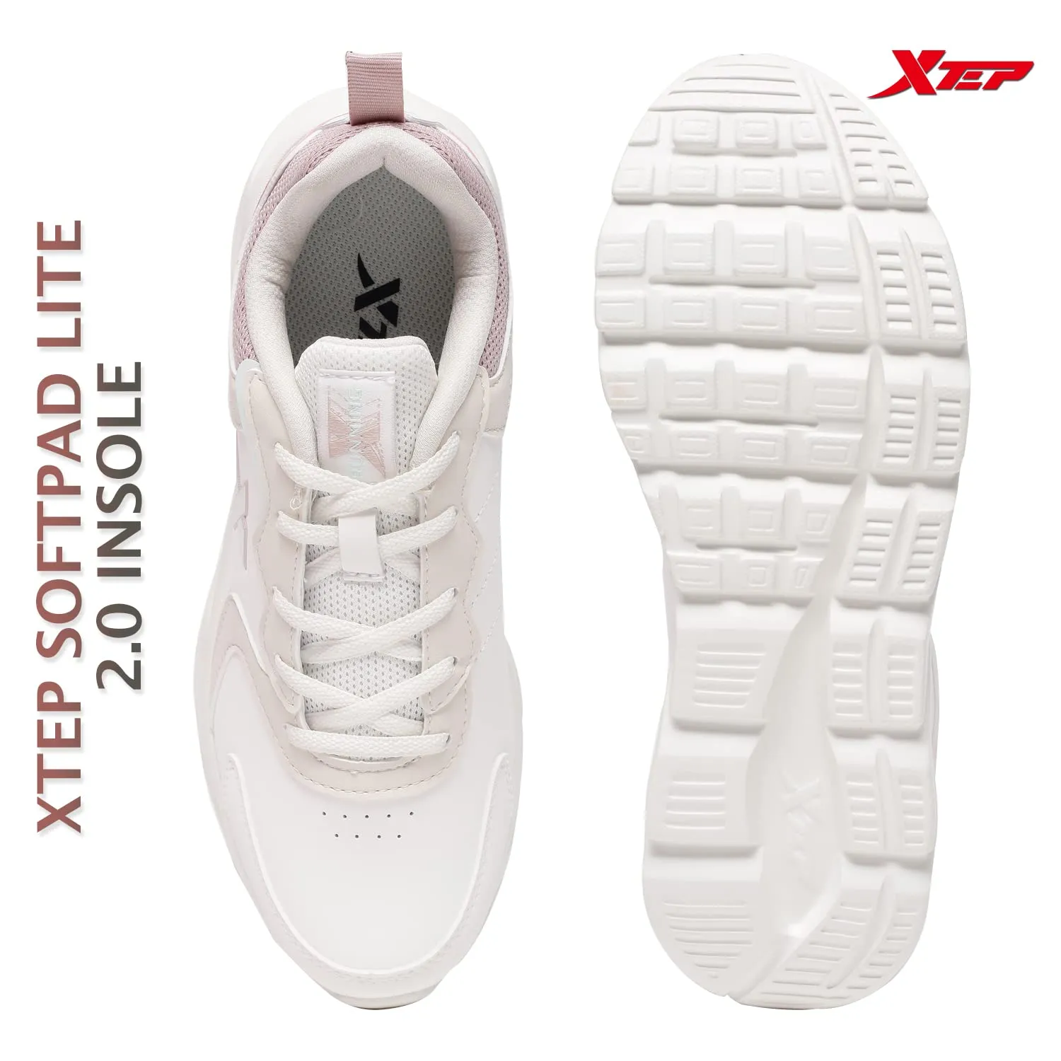 XTEP Women's White Brown Pink Synthetic Leather Upper IPR Sole Sports Running Shoes (4.5 UK)