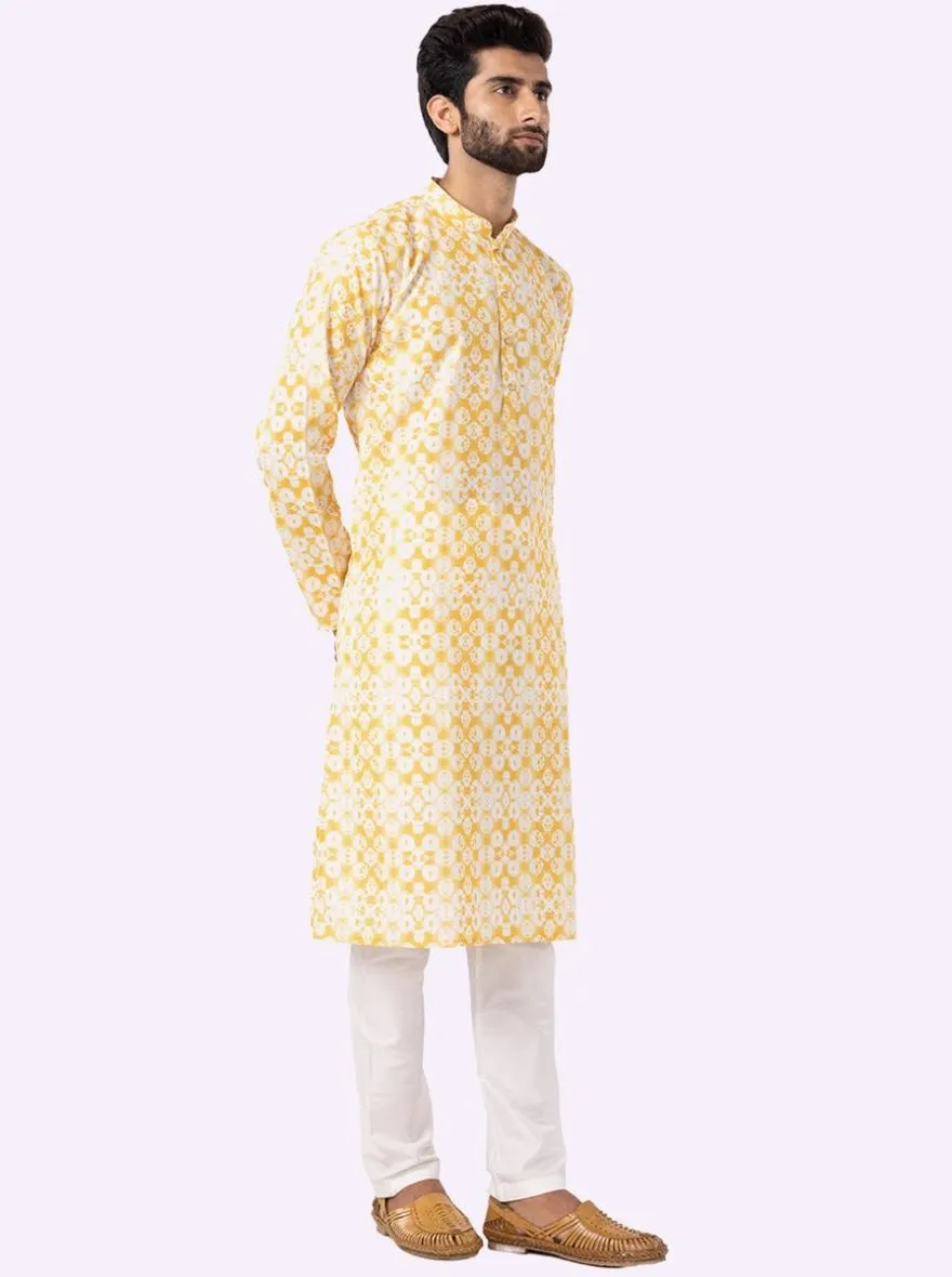 Yellow & White Printed Cotton Blend Kurta For Men