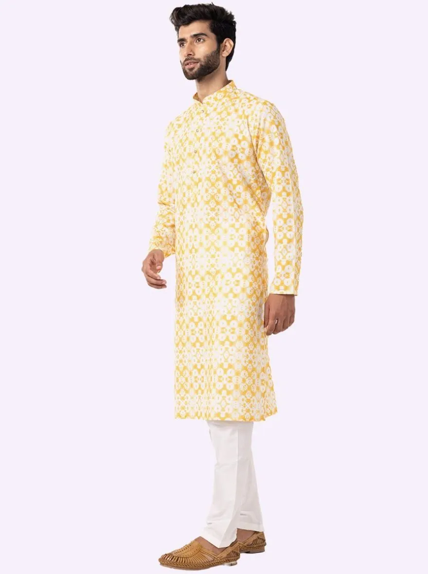 Yellow & White Printed Cotton Blend Kurta For Men