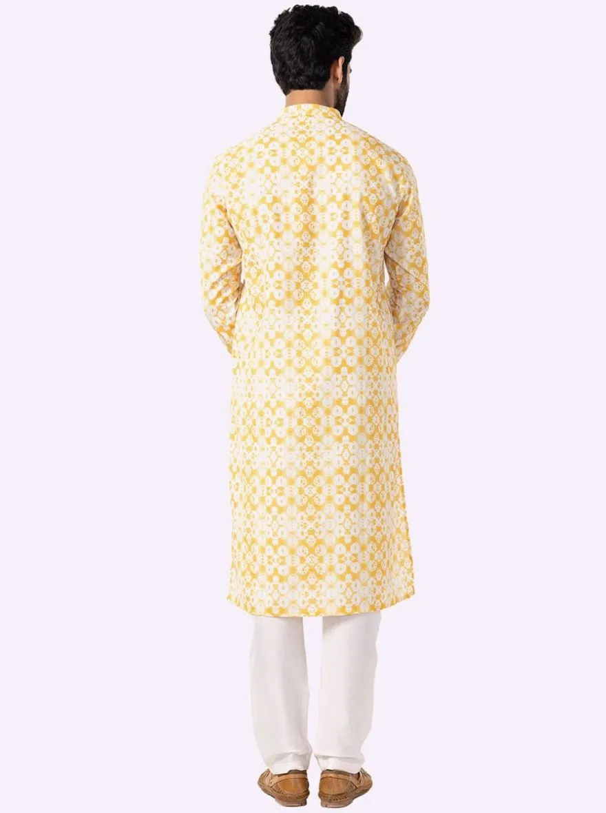 Yellow & White Printed Cotton Blend Kurta For Men