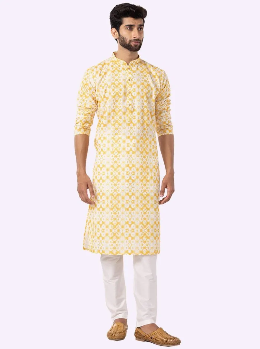 Yellow & White Printed Cotton Blend Kurta For Men